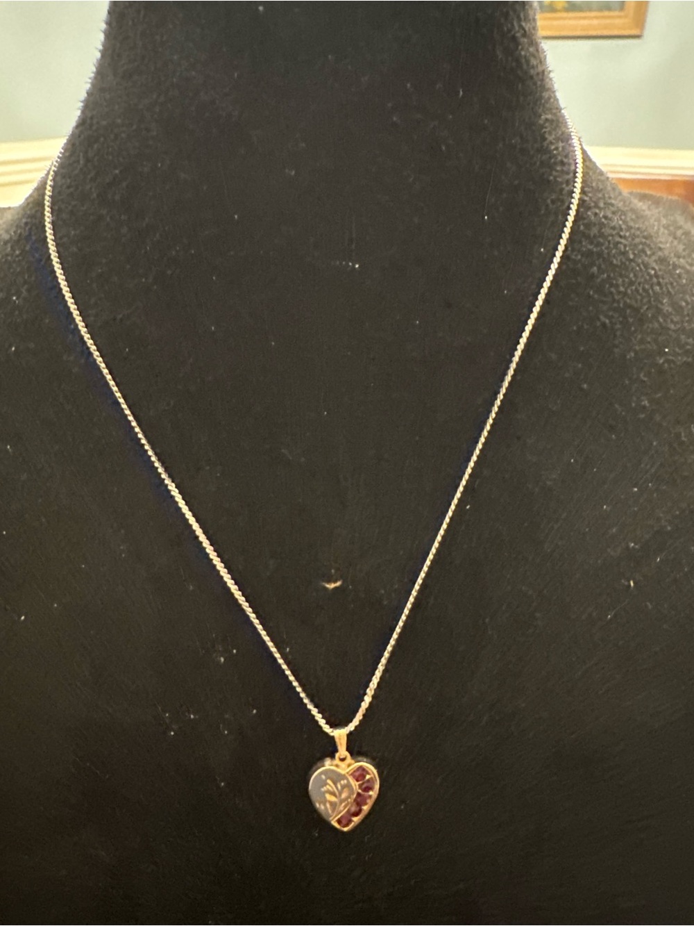 Vintage Style Heart Pendant Necklace Red Rhinestones Floral Silver Tone Jewelry